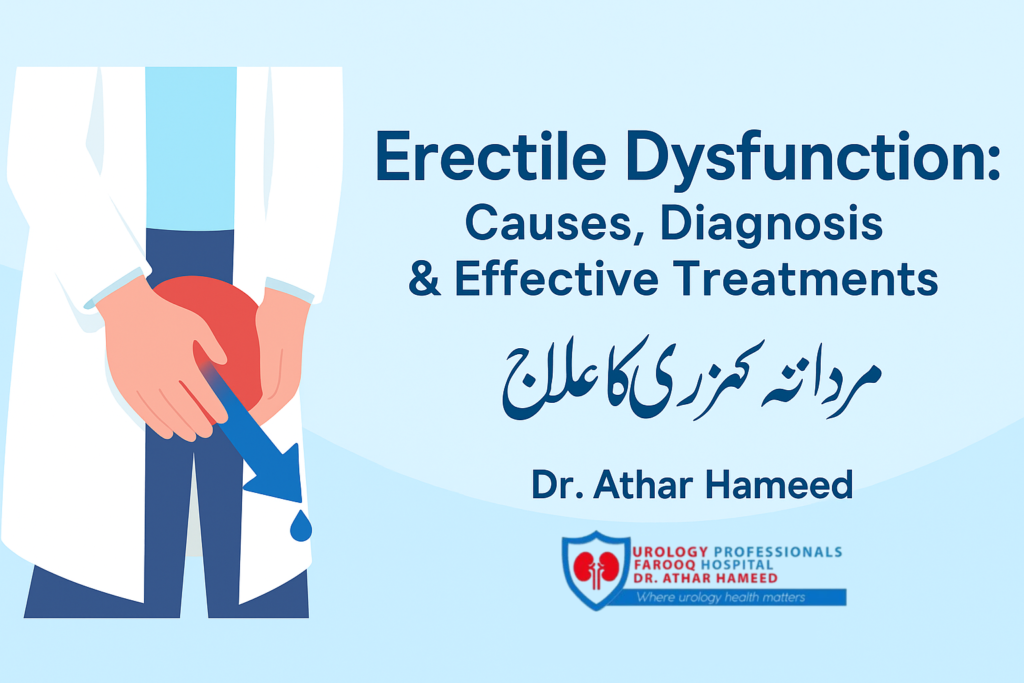 Illustration of Erectile Dysfunction awareness with male doctor figure, downward arrow, and text in English and Urdu, including Virtual Medical Assist logo.