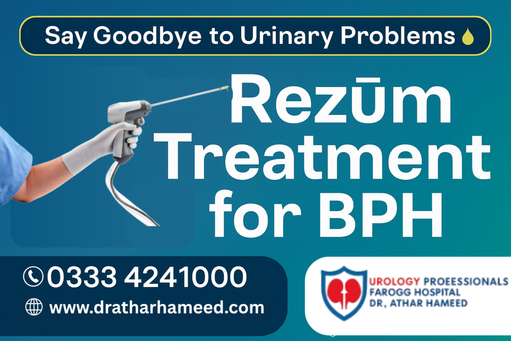 Rezūm Treatment for BPH device with steam effect, contact info and Dr. Athar Hameed's clinic logo on a blue gradient background